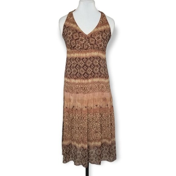Earthy Brown Patterned Halter Dress Midi Length Smocked Nature Witch Fairy Core - Picture 2 of 9